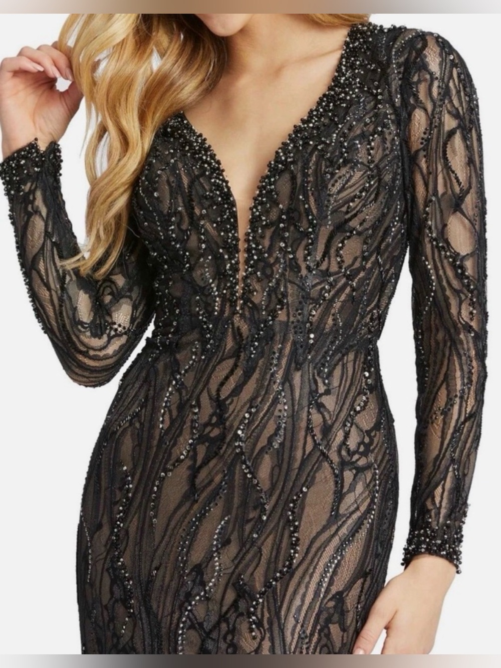 NWT Gorgeous Mac Duggal Beaded Illusion Long Sleeve Plunge Neck Gown - Picture 4 of 6